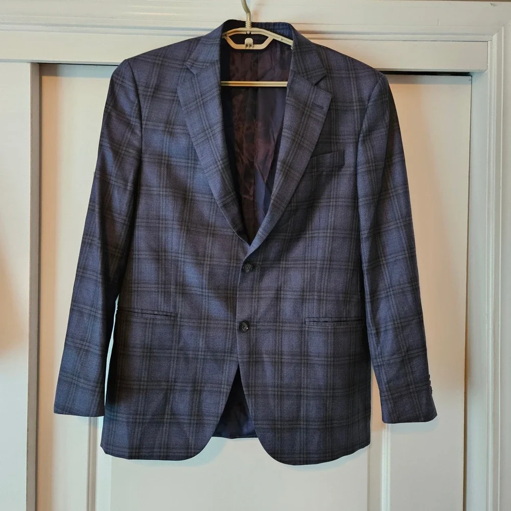 Peter Millar Sports Coat Men 40R Blue Windowpane Plaid Virgin Wool Blazer Jacket